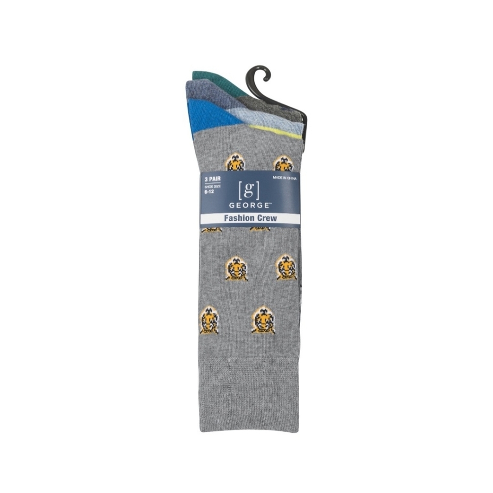 George Men's 3 Pair Pack Cotton Novelty Fashion Crew Socks Shoe Size 6-12.